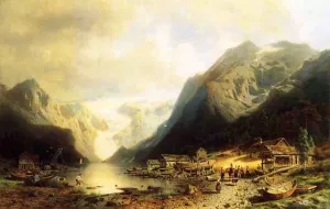 Fishermans Village on an Alpine Lake painting by Herman Herzog
