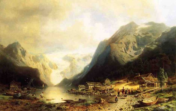 Fishermans Village on an Alpine Lake by Herman Herzog - Hand-Painted Oil Painting Reproduction