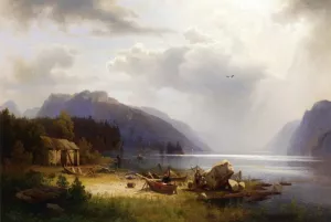 Fishing in an Alpine Lake by Herman Herzog Oil Painting