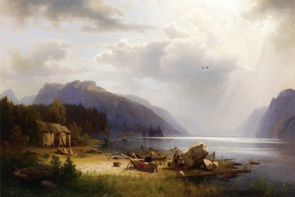Fishing in an Alpine Lake by Herman Herzog - Hand-Painted Oil Painting Reproduction