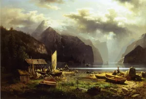 Fishing Village by Herman Herzog Oil Painting