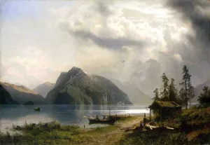 Landscape with Lake and Mountains by Herman Herzog - Oil Painting Reproduction