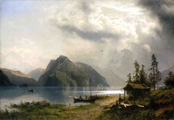 Main Product Photo of Landscape with Lake and Mountains Painting by Herman Herzog