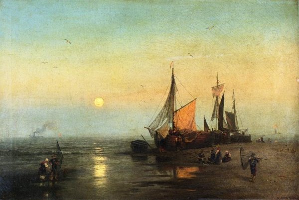 Main Product Photo of Moonlit Fishing Scene Painting by Herman Herzog