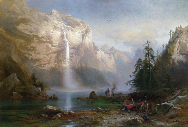 Mountain Lake Camp by Herman Herzog - Hand-Painted Oil Painting Reproduction