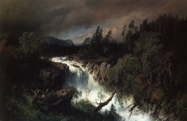 Main Product Photo of Mountain Landscape and Waterfall Painting by Herman Herzog