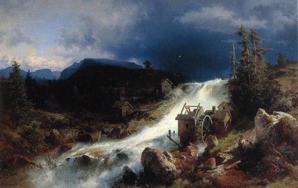 Main Product Photo of Mountain Landscape with Watermill Painting by Herman Herzog