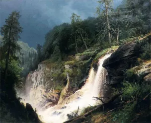 Western Waterfall by Herman Herzog - Oil Painting Reproduction