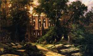 Cemetery by a Ruined Gothic Church by Herman Lungkwitz - Oil Painting Reproduction