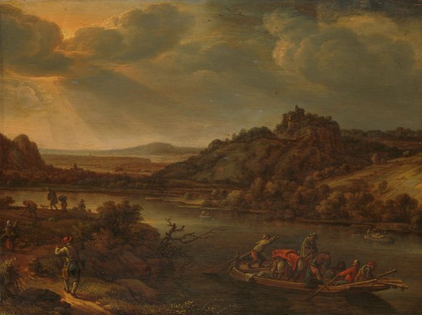 Riviergezicht met veerpont  by Herman Saftleven - Hand-Painted Oil Painting Reproduction