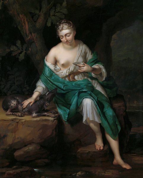 Main Product Photo of A Woman with a Dog  Painting by Herman Van Der Mijn