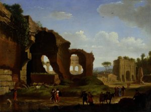 A Roman View of the Ruins of the Temple of Venus and Rome with the Colosseum and the Arch of Constan… by Herman Van Swanevelt Oil Painting