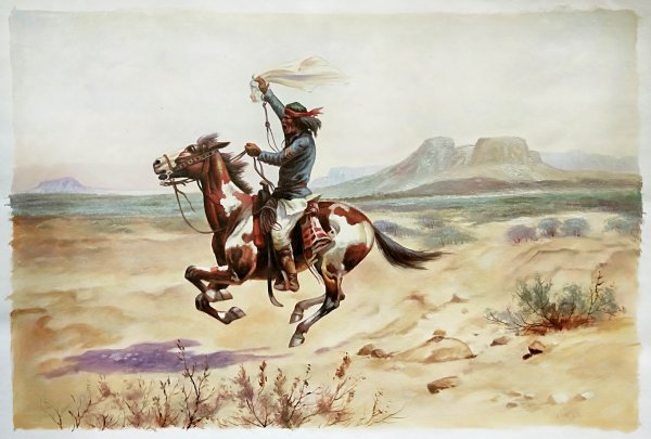 Sample hand-painted oil reproduction of Apache Indian Scout Signalling the Column by Henri Biva
