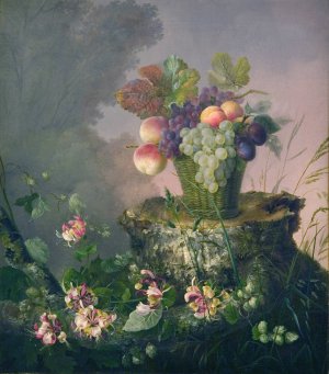 Blomsterkurv Med Frugt Ved En Traestub by Hermania Neergaard Oil Painting