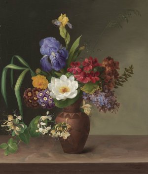 Vase I Graesk Stil Med Iris, Syren Og Kaprifolium by Hermania Neergaard Oil Painting