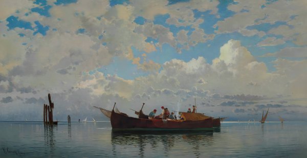 Main Product Photo of Fishing Boats On A Venetian Lagoon Painting by Hermann David Salomon Corrodi