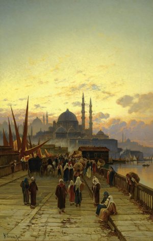 The Galata Bridge, Constantinople by Hermann David Salomon Corrodi Oil Painting