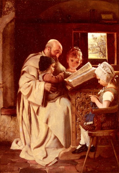 Reading the Bible by Hermann Kaulbach - Hand-Painted Oil Painting Reproduction