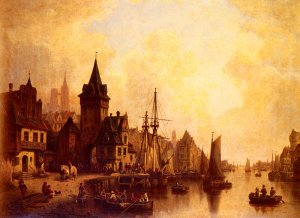 A Busy Port Oil painting by Hermann Meyerheim