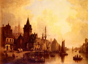 A Busy Port by Hermann Meyerheim Oil Painting