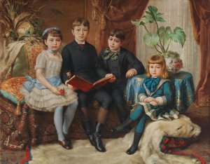 Four Siblings On A Polar Bear Skin Rug by Hermann Nigg Oil Painting