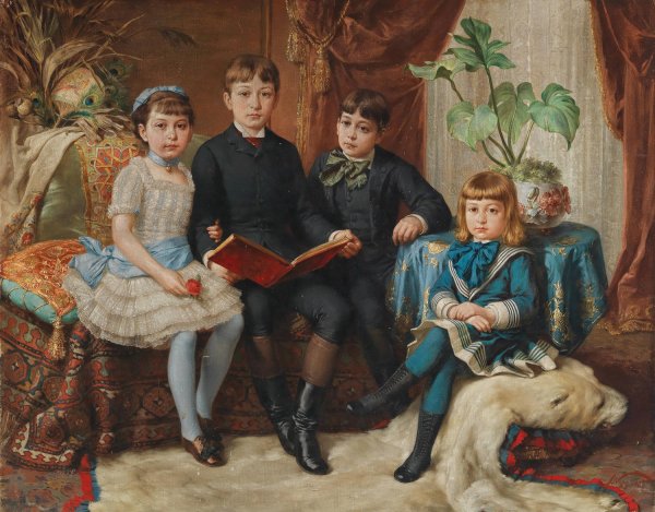 Four Siblings On A Polar Bear Skin Rug  by Hermann Nigg - Hand-Painted Oil Painting Reproduction