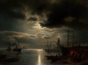 A Moonlit Harbor by Hermann Ottomar Herzog Oil Painting