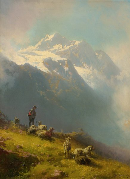 Main Product Photo of A  Shepherd With His Flock Painting by Hermann Ottomar Herzog