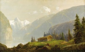 Alpine Landscape Mountain Hut by Hermann Ottomar Herzog Oil Painting
