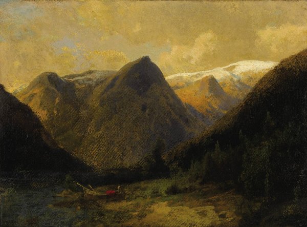 Main Product Photo of Canoe at Water's Edge Painting by Hermann Ottomar Herzog