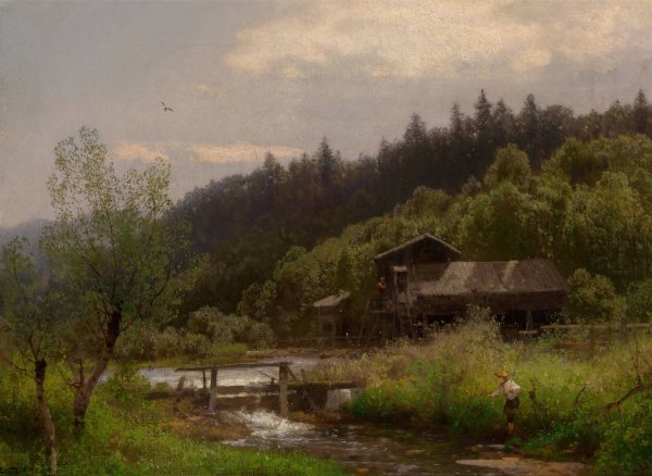Farm House by the Creek by Hermann Ottomar Herzog - Hand-Painted Oil Painting Reproduction