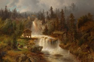 Figures Before a Mill in a Mountainous River Landscape by Hermann Ottomar Herzog Oil Painting