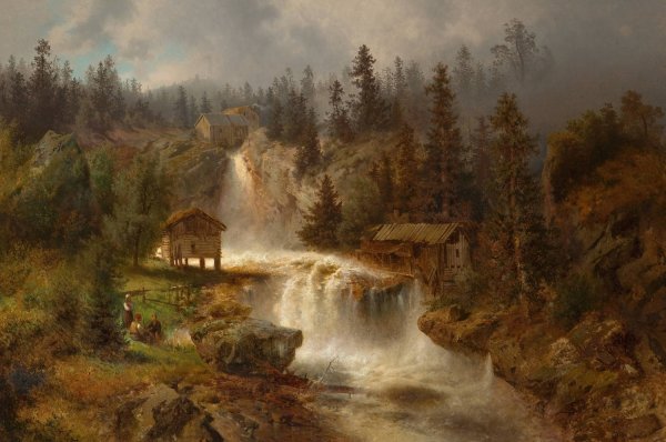 Figures Before a Mill in a Mountainous River Landscape  by Hermann Ottomar Herzog - Hand-Painted Oil Painting Reproduction