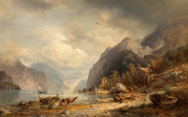 Fishing Village  by Hermann Ottomar Herzog - Hand-Painted Oil Painting Reproduction