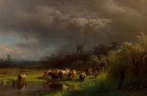 Landscape with a Windmill by Hermann Ottomar Herzog Oil Painting