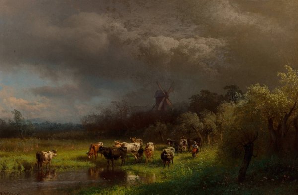 Main Product Photo of Landscape with a Windmill  Painting by Hermann Ottomar Herzog