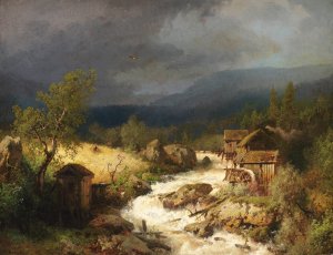 Mill on a Torrent by Hermann Ottomar Herzog Oil Painting