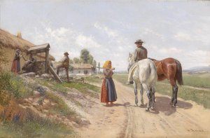 Begegnung vor dem Dorf by Hermann Reisz Oil Painting