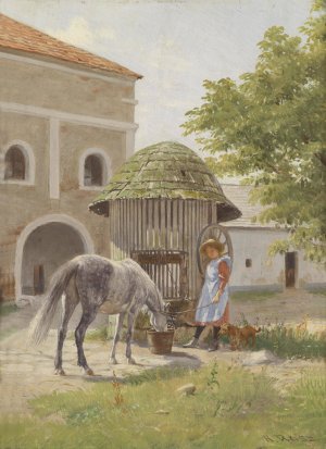 Madchen mit Pferd am Brunnen by Hermann Reisz Oil Painting