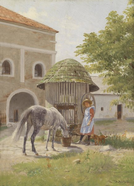 Madchen mit Pferd am Brunnen by Hermann Reisz - Hand-Painted Oil Painting Reproduction