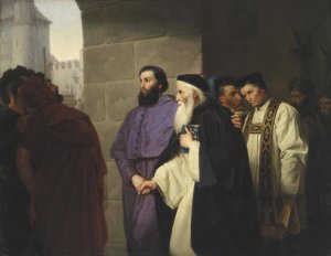 Hugh Latimer und Nicholas Ridley auf ihrem Gang zum Scheiterhaufen by Hermann Schweder Oil Painting