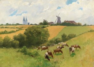 Herd of Animals in a Summer Landscape by Hermann Seeger Oil Painting