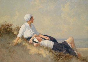 Mutter und Tochter am Strand by Hermann Seeger Oil Painting