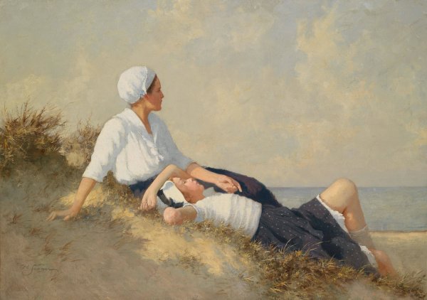 Mutter und Tochter am Strand by Hermann Seeger - Hand-Painted Oil Painting Reproduction