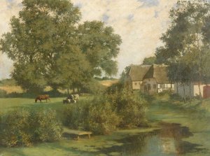 Norddeutsche Landschaft mit Kuhen und reetgedeckten Hausern by Hermann Seeger Oil Painting