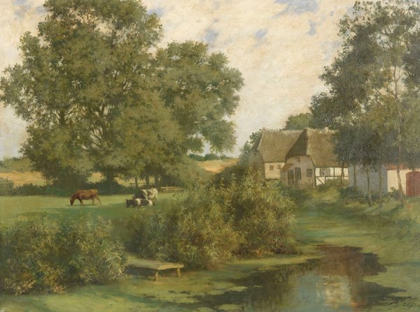 Norddeutsche Landschaft mit Kuhen und reetgedeckten Hausern  by Hermann Seeger - Hand-Painted Oil Painting Reproduction