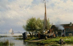 Figures at Work on a Shipyard by Hermanus Jr. Koekkoek Oil Painting