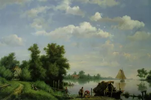 Figures by a Boat on a Lake by Hermanus Jr. Koekkoek - Oil Painting Reproduction