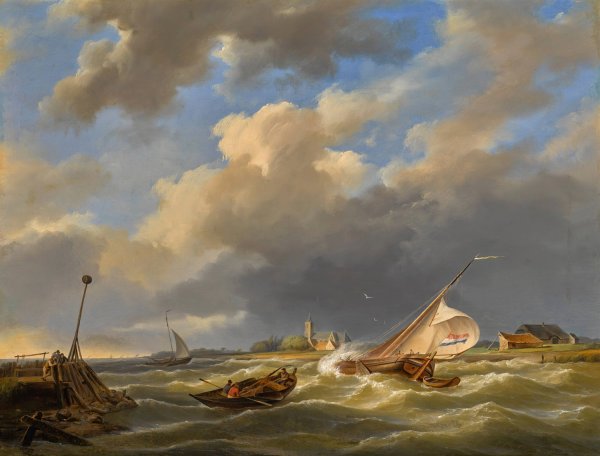 Main Product Photo of Boats At Sea  Painting by Hermanus Koekkoek