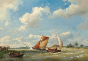 Dutch barges in choppy waters by Hermanus Koekkoek Oil Painting
